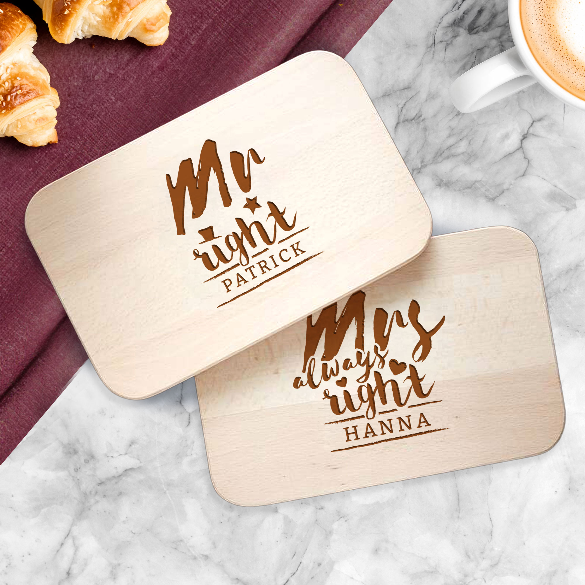 2er Set Frühstücksbretter mit Gravur - Mr & Mrs Right - personalisiert