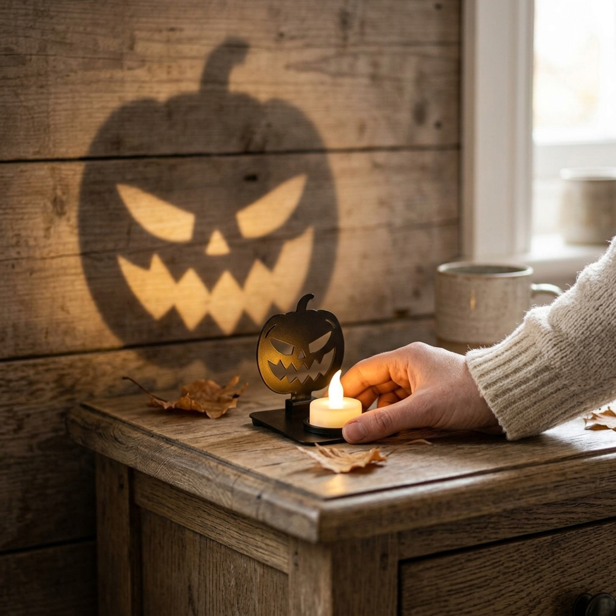 Halloween Teelichthalter „Grusel-Kürbis“ – 2 Schattenmotive mit Kürbis & Spukhaus