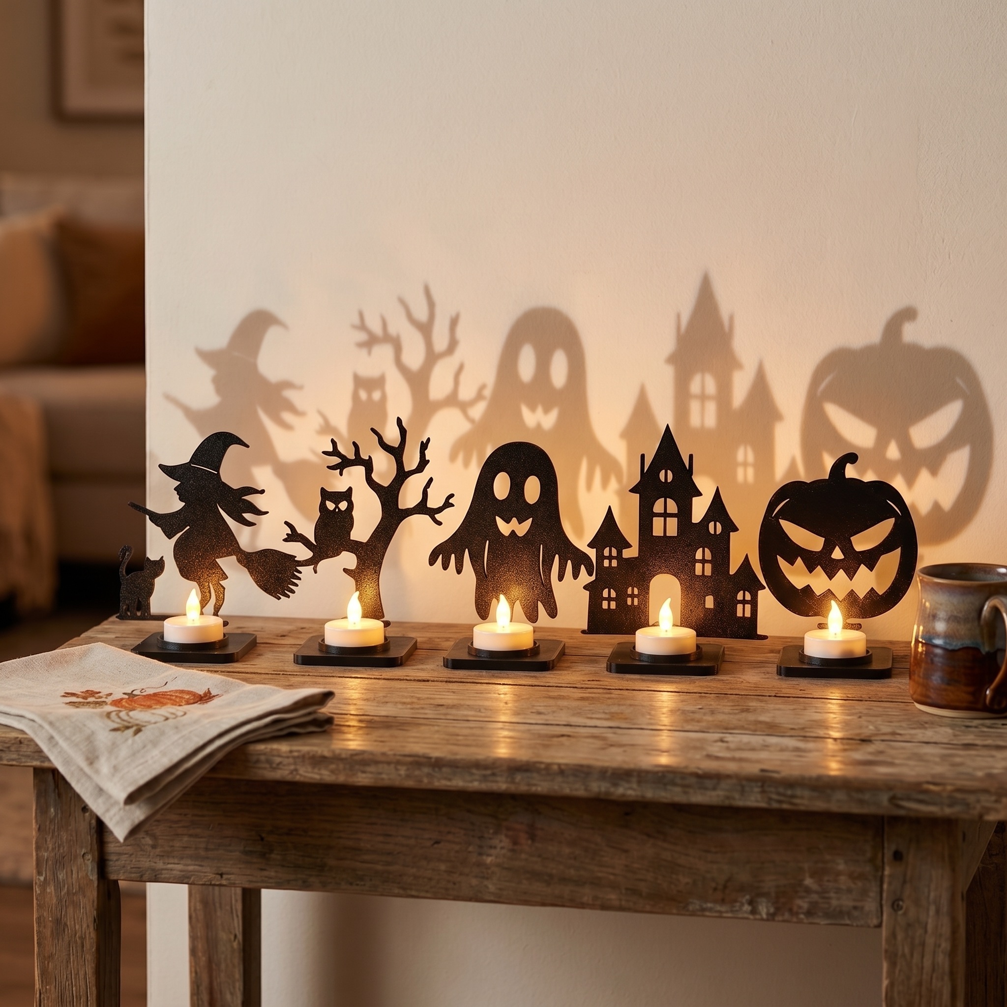 Halloween Teelichthalter 5er-Set – Schaurige Schattenmotive für die Wand