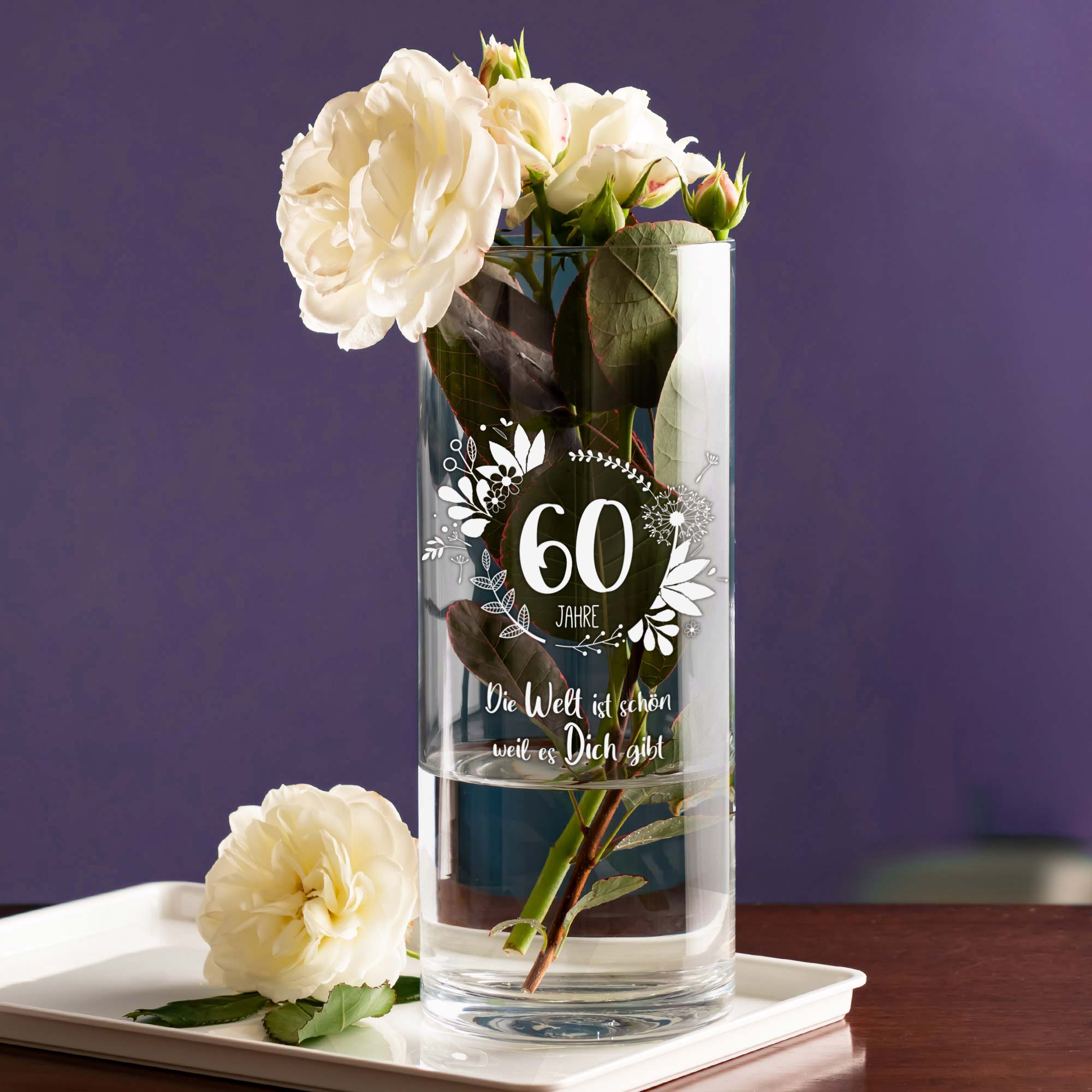 Runde Blumenvase mit Gravur - Geburtstag