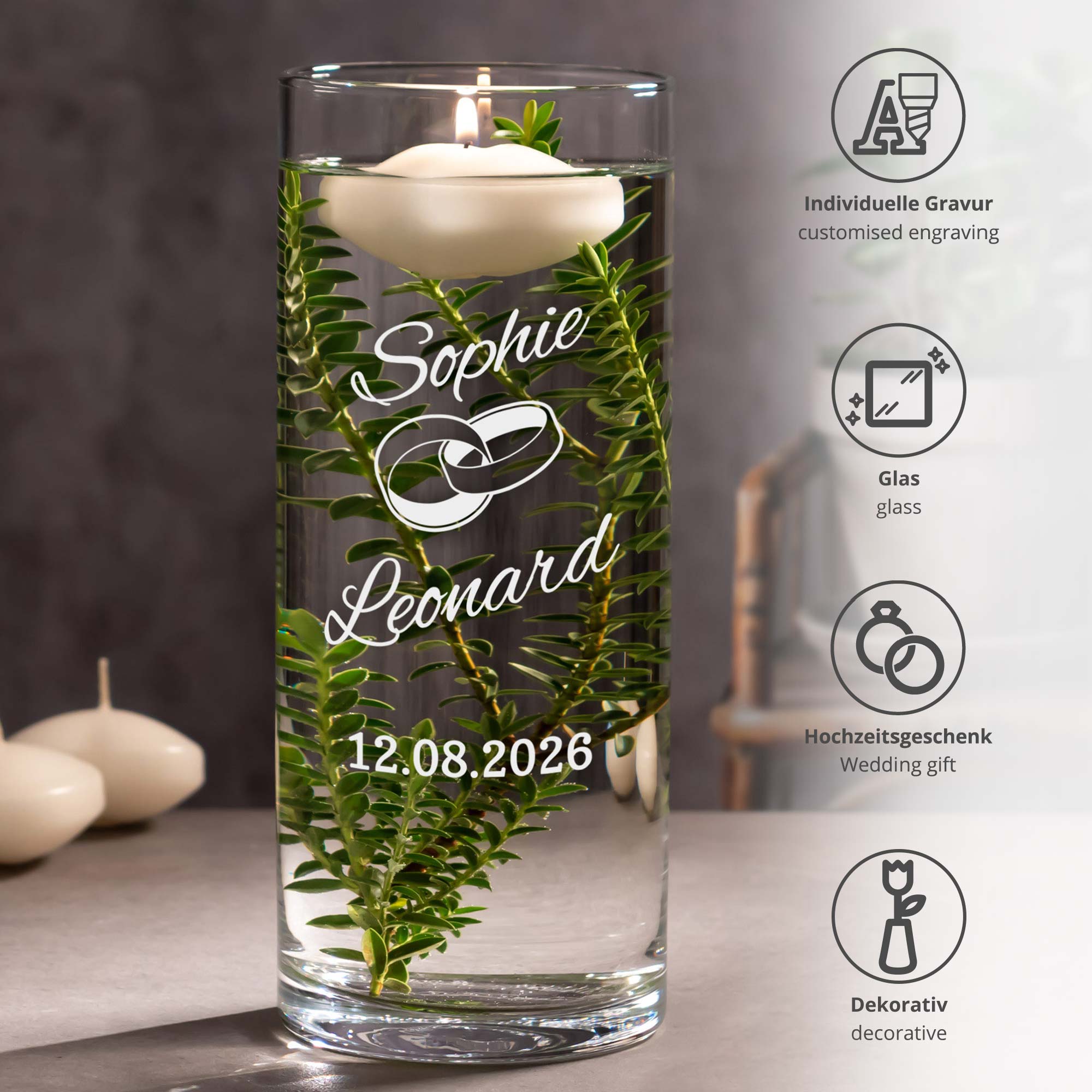 Runde Vase mit Gravur zur Hochzeit - Ringe
