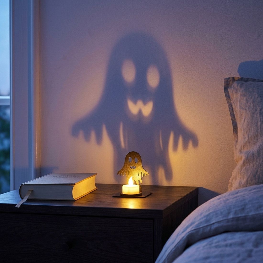 Halloween Teelichthalter „Spuknacht“ – 2 Schattenmotive mit Geist & Spukhaus