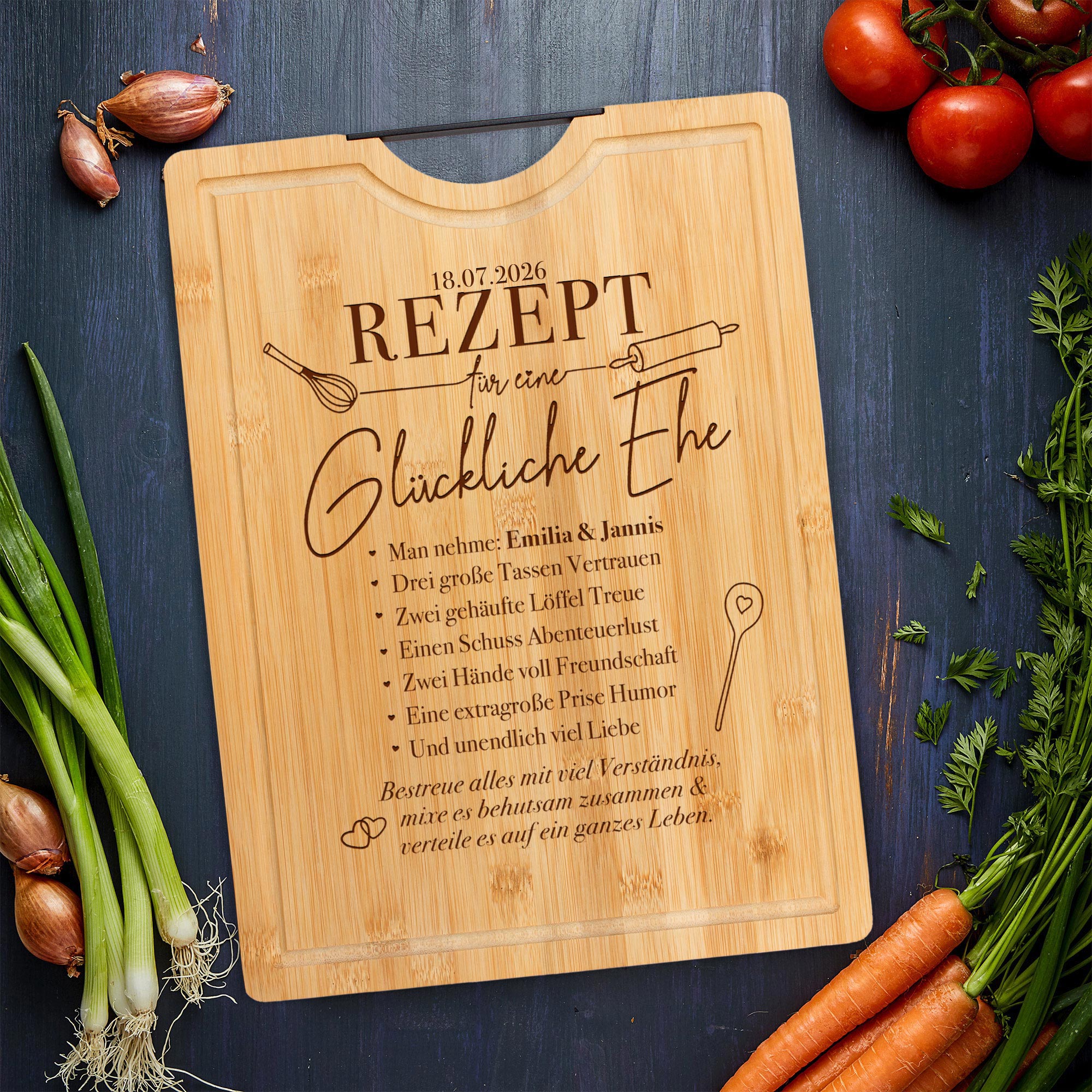 Bambusholz Schneidebrett mit Gravur - Rezept glückliche Ehe