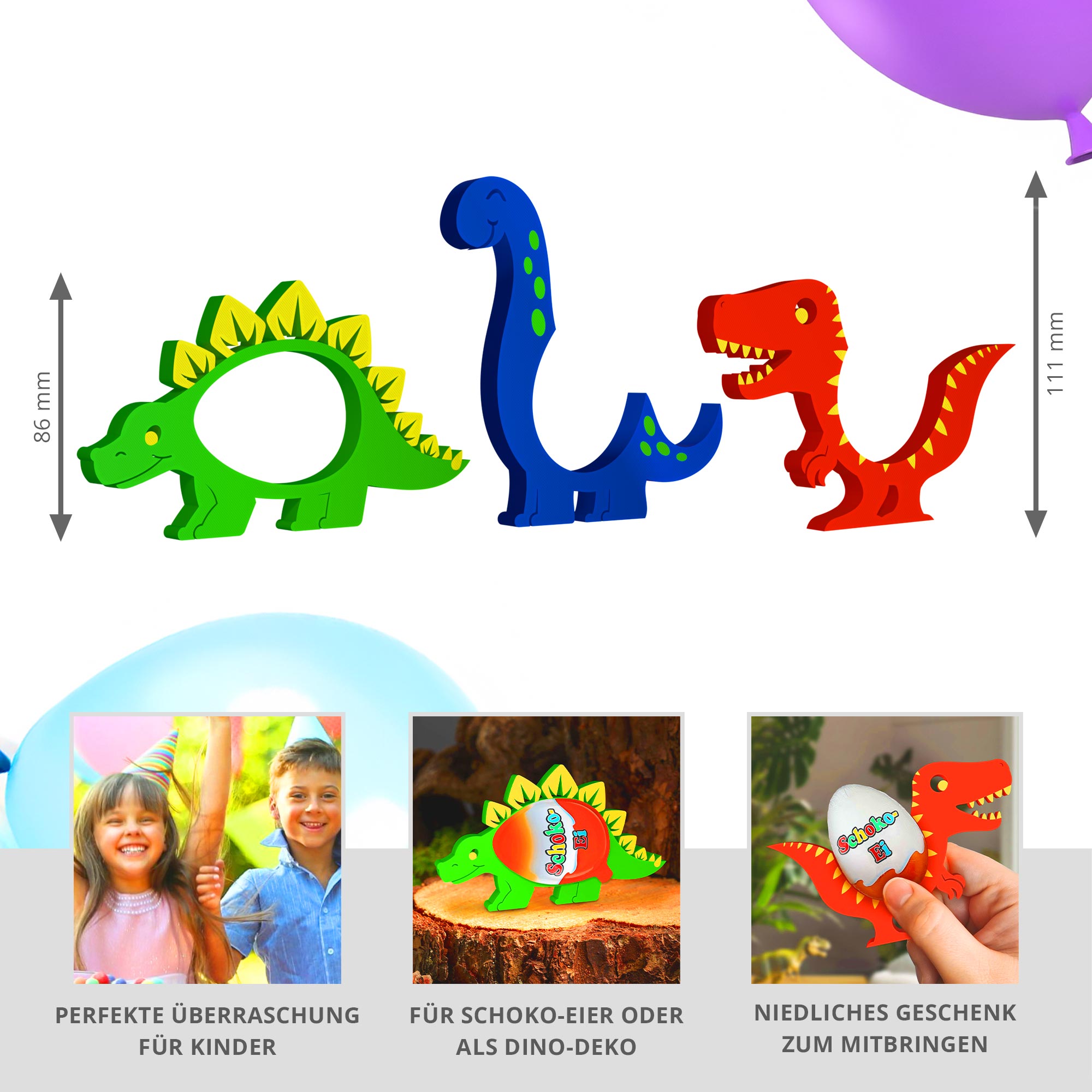 Dinosaurier Ü-Ei Halter im 3er Set - Bunt