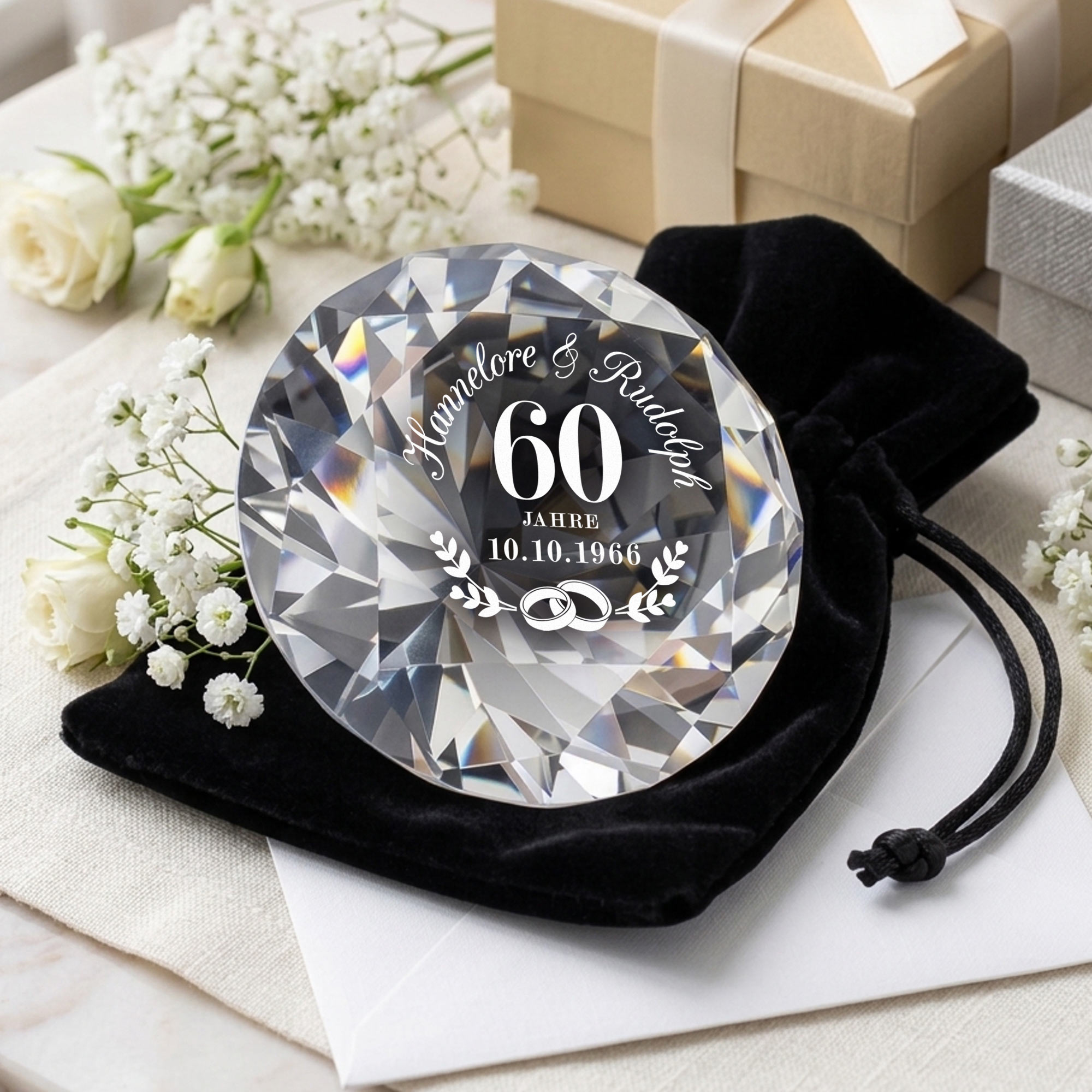 Diamant Kristall mit Gravur und Samtsäckchen - Diamanthochzeit Diamant Kristall mit Gravur und Samtsäckchen - Diamanthochzeit