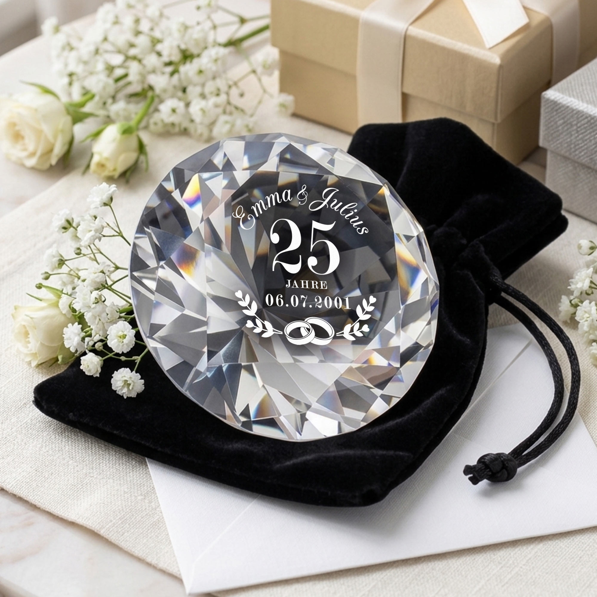 Diamant Kristall mit Gravur und Samtsäckchen - Silberhochzeit Diamant Kristall mit Gravur und Samtsäckchen - Silberhochzeit