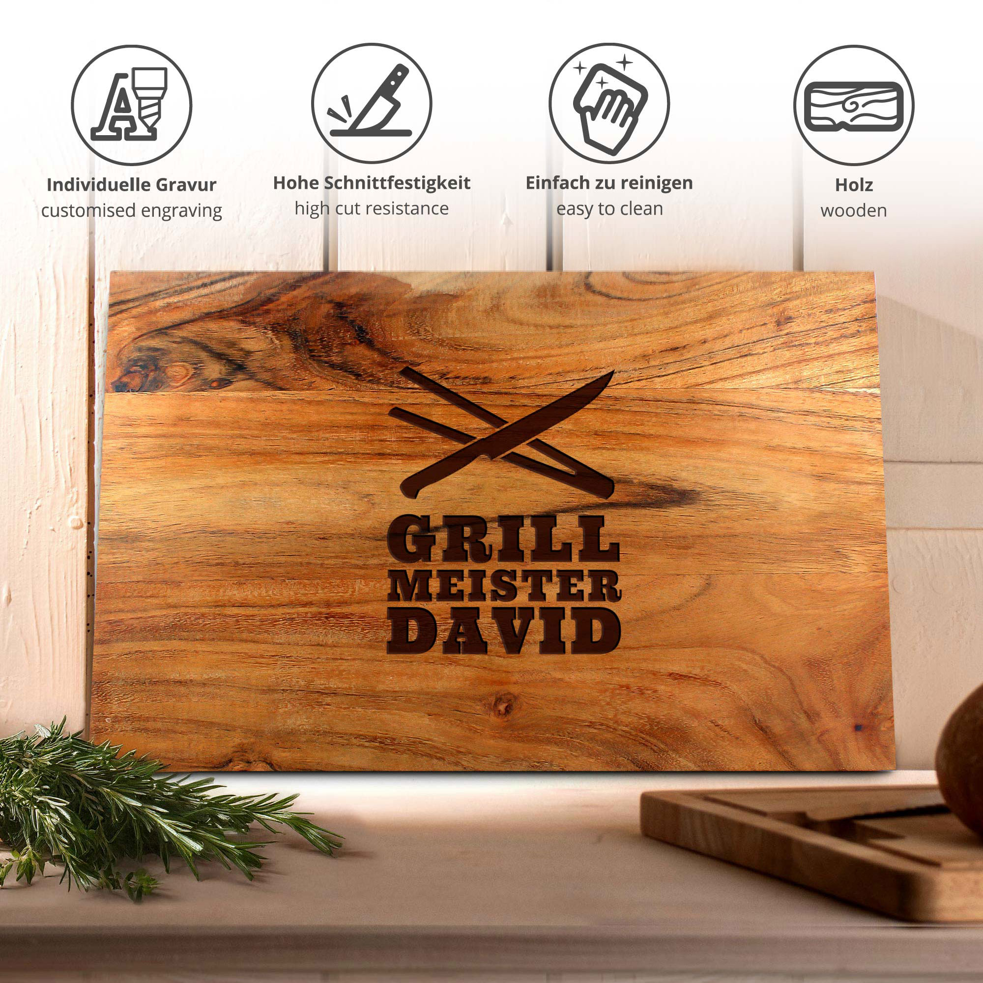 Personalisierter Schneideblock mit Griffmulden - Grillmeister Gravur