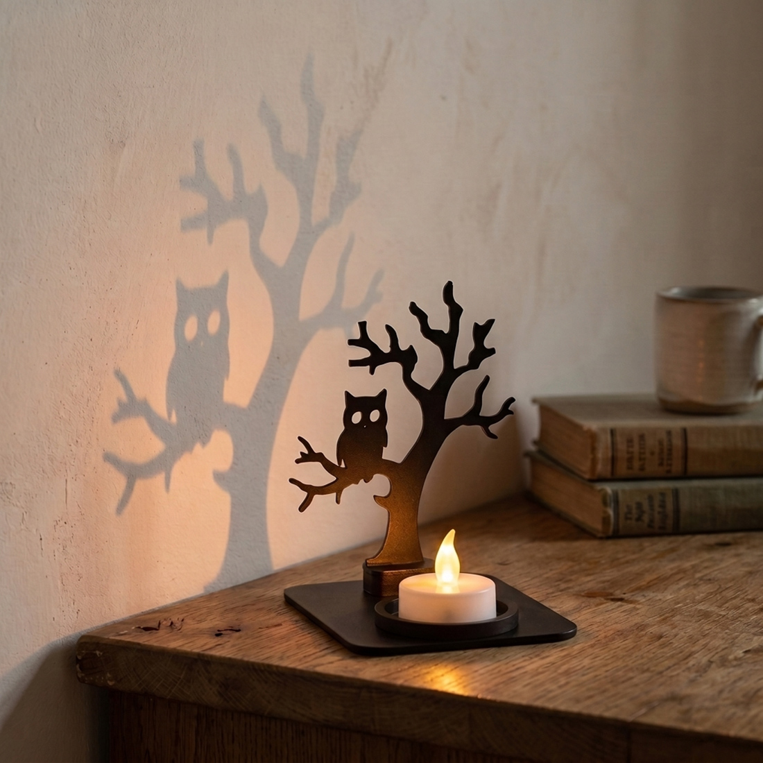 Halloween Teelichthalter „Gruselwald“ – 2 Schattenmotive mit Hexe & Baum